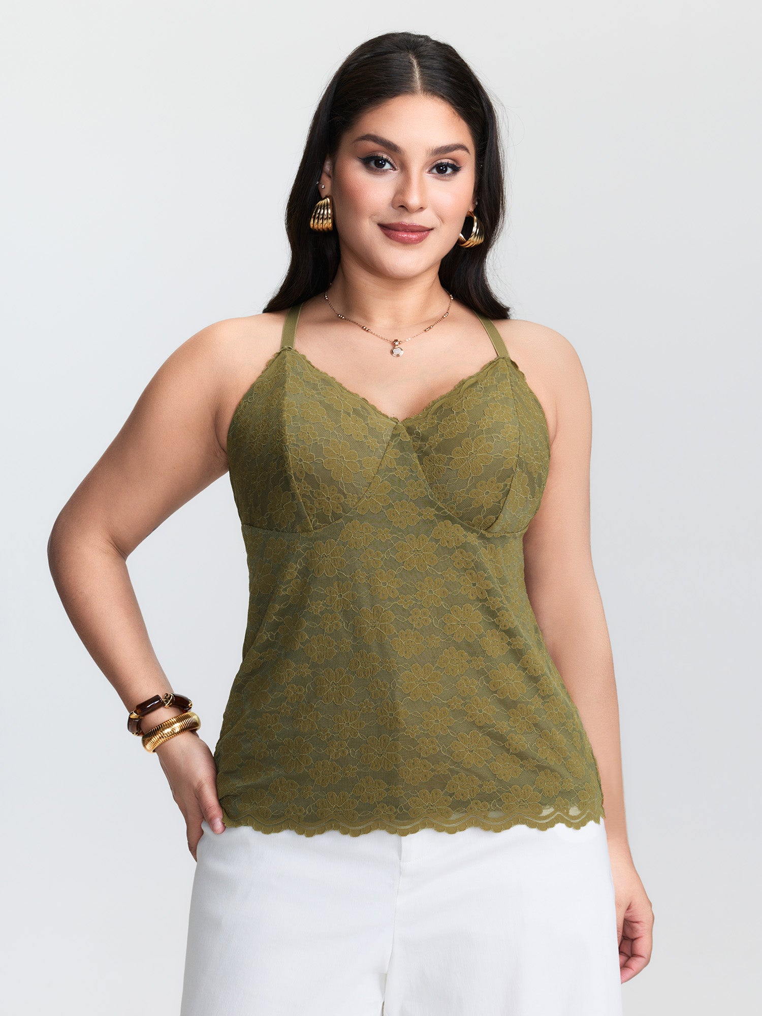 Scalloped Lace Adjustable Fitted Tank Top
