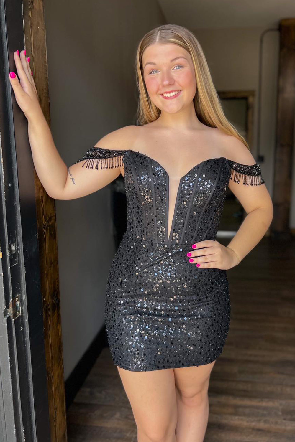 Sparkly Black Beaded Corset Sequins Fringed Tight Homecoming Dress/Mini Dress