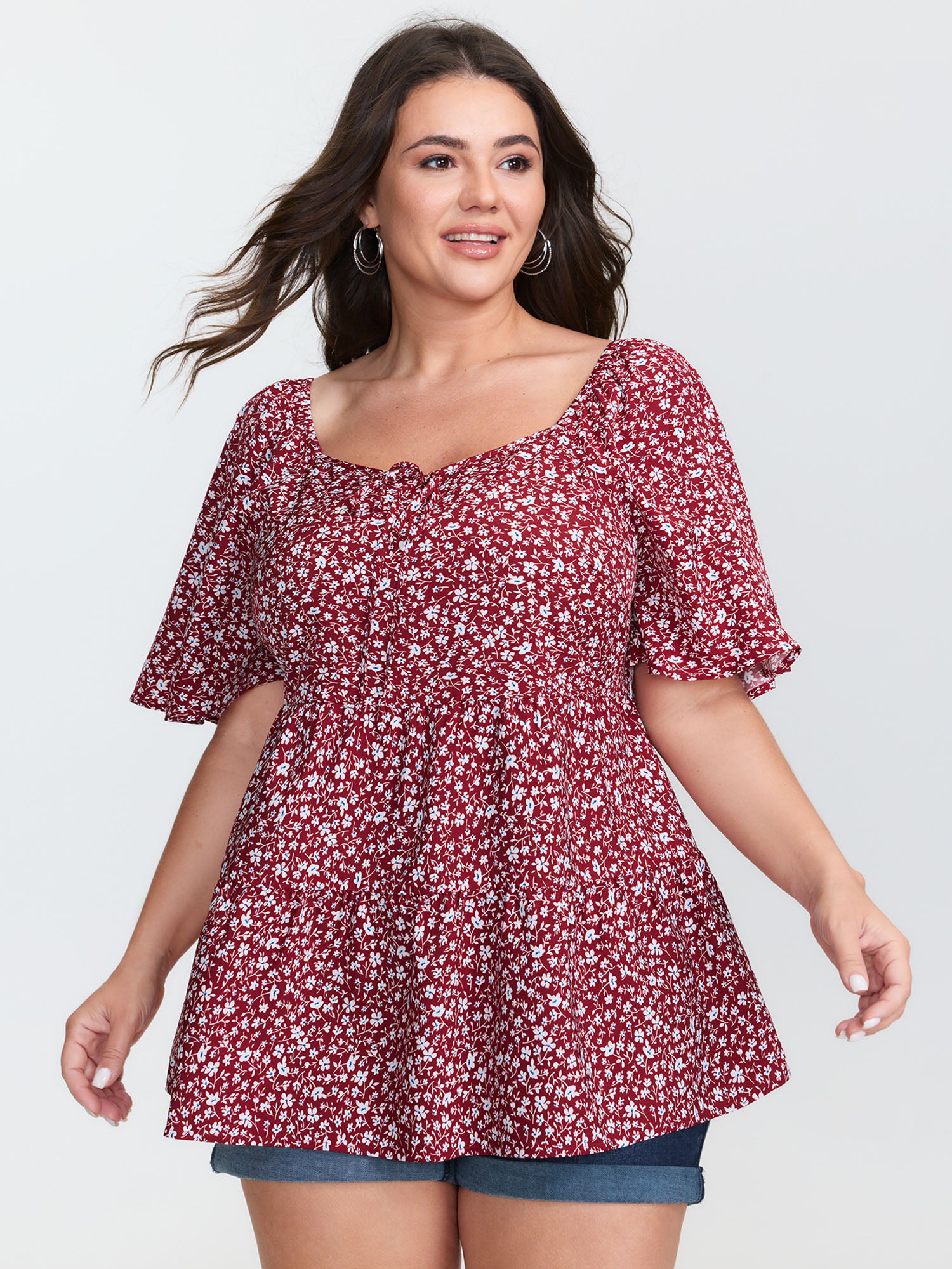 Micro Floral Print Sweetheart Neck Blouse
