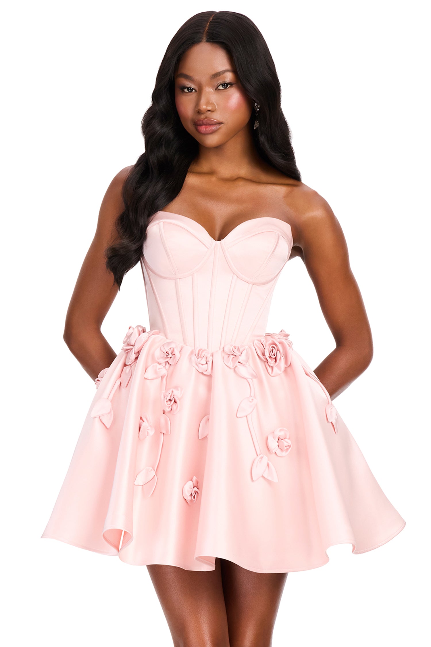 Ashley Lauren 40019 - Floral Applique Basque A-Line Cocktail Dress