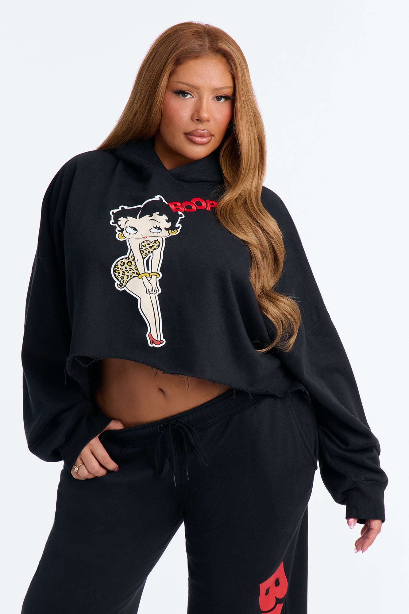 Betty Boop Embroidered Logo Cropped Hoodie - Black
