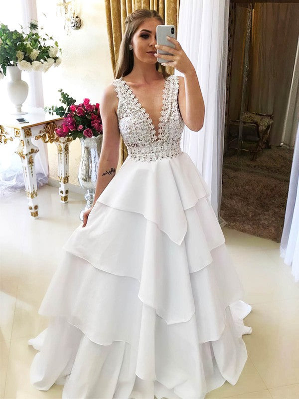 Luxurious Tiered A-Line V-Neck Satin Sweep Train Wedding Dresses