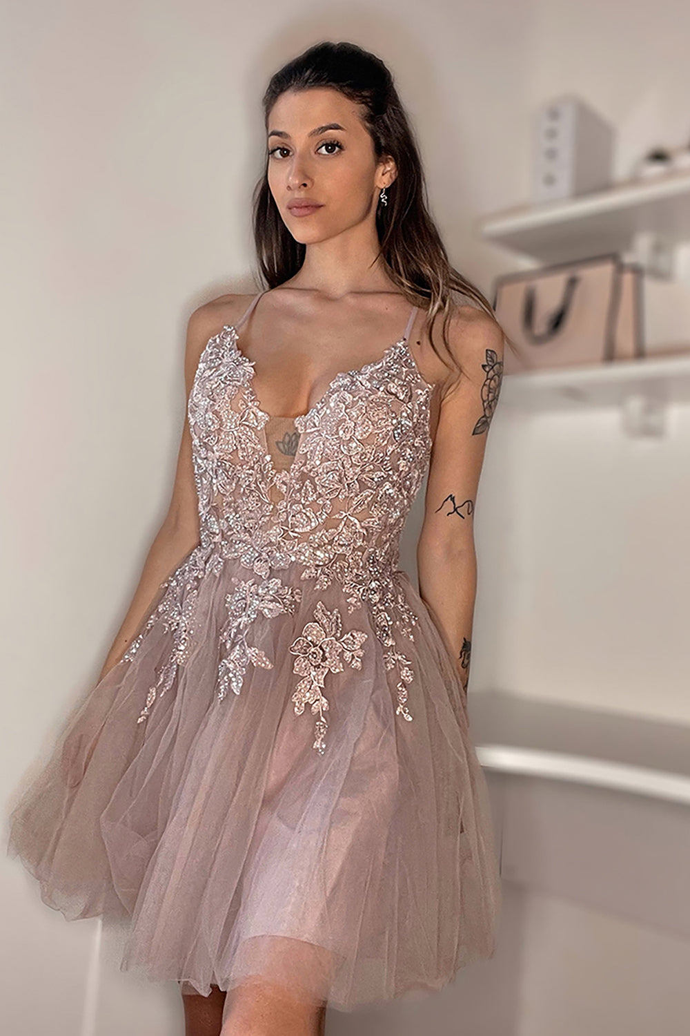 Blush A-Line Tulle Short Homecoming Dress/Mini Dress with Appliques