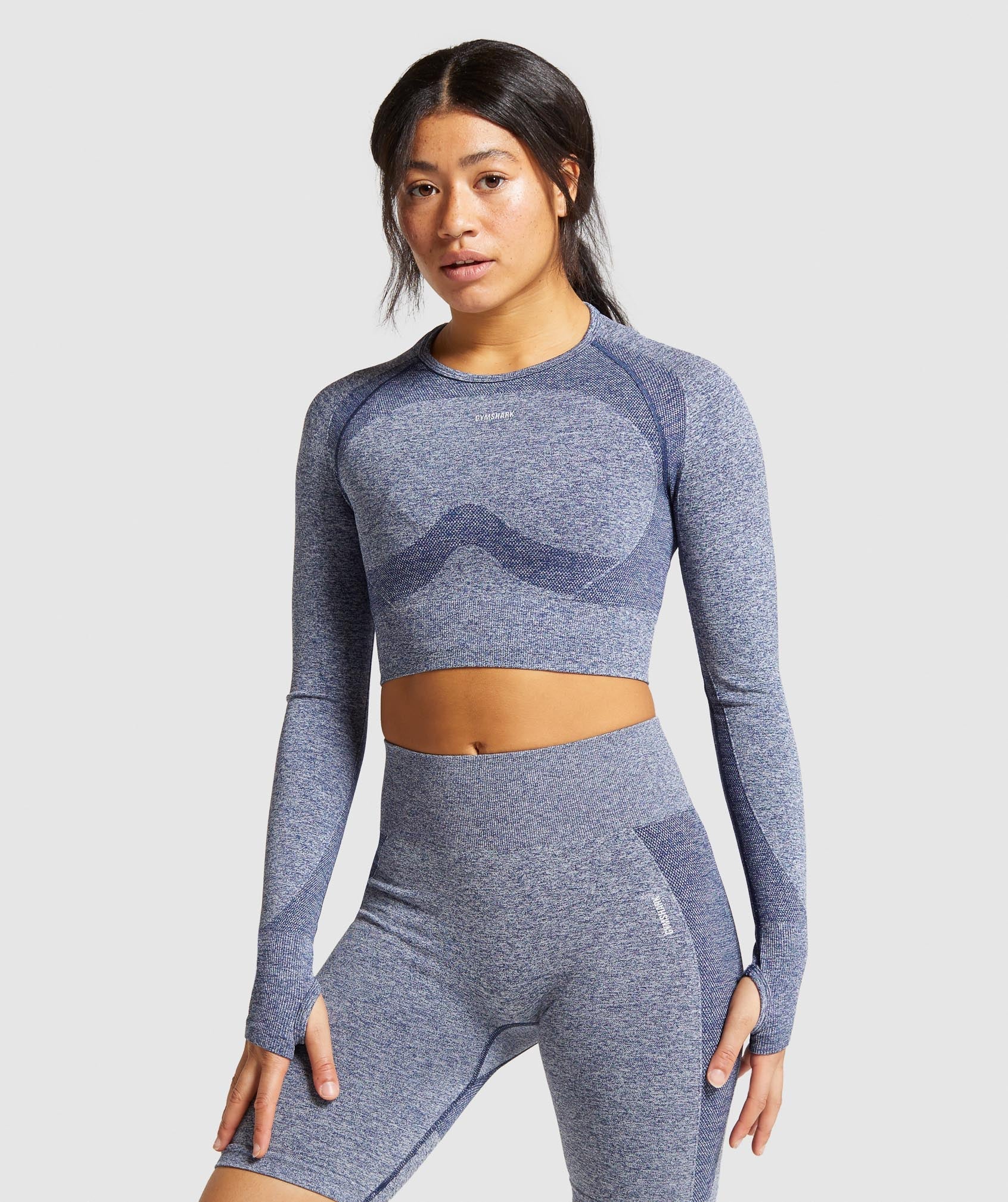 Gymshark Flex Sports Long Sleeve Crop Top - Navy Marl/Light Grey