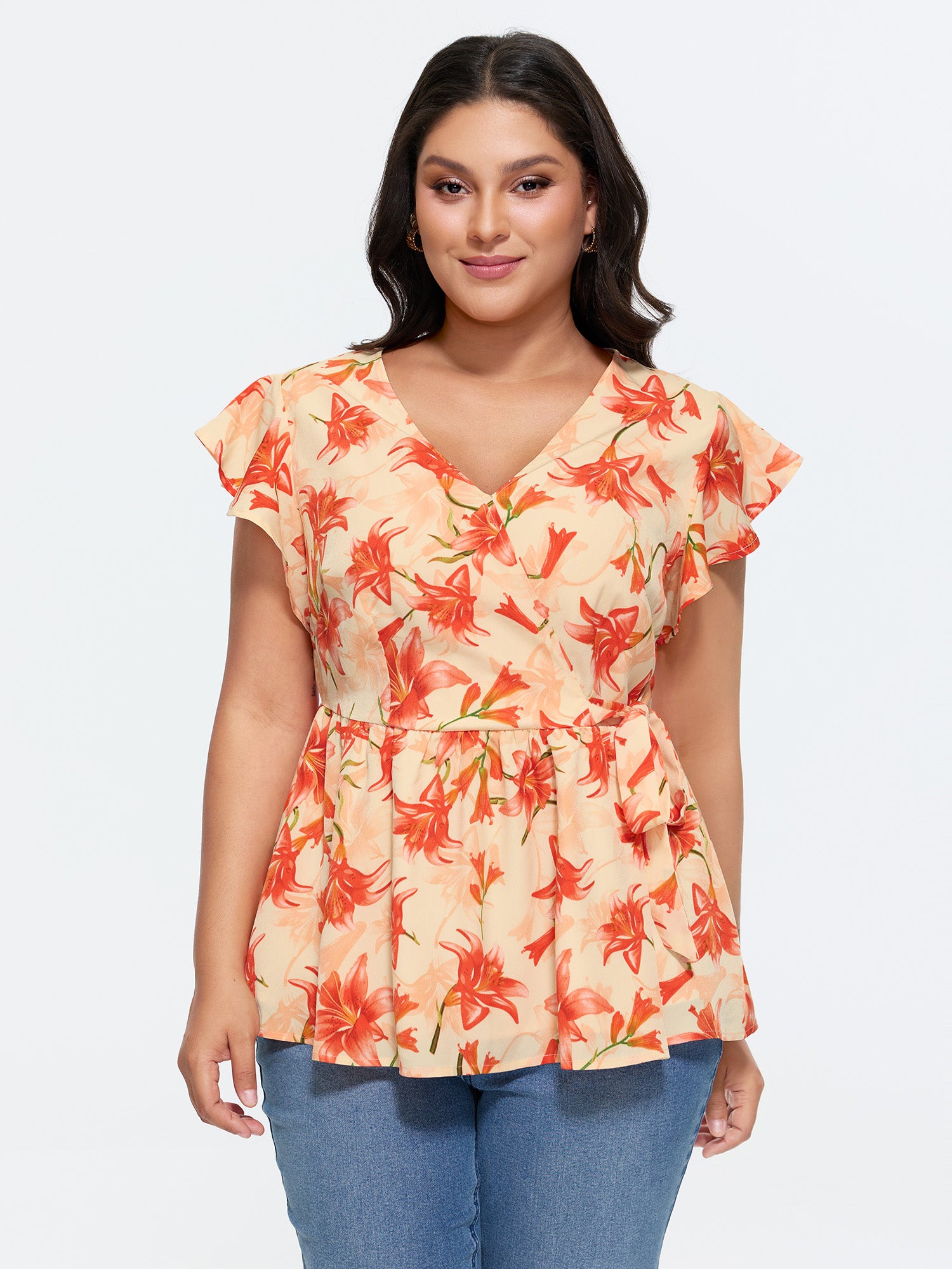 Floral Print Stretchy Wrap Tie Blouse