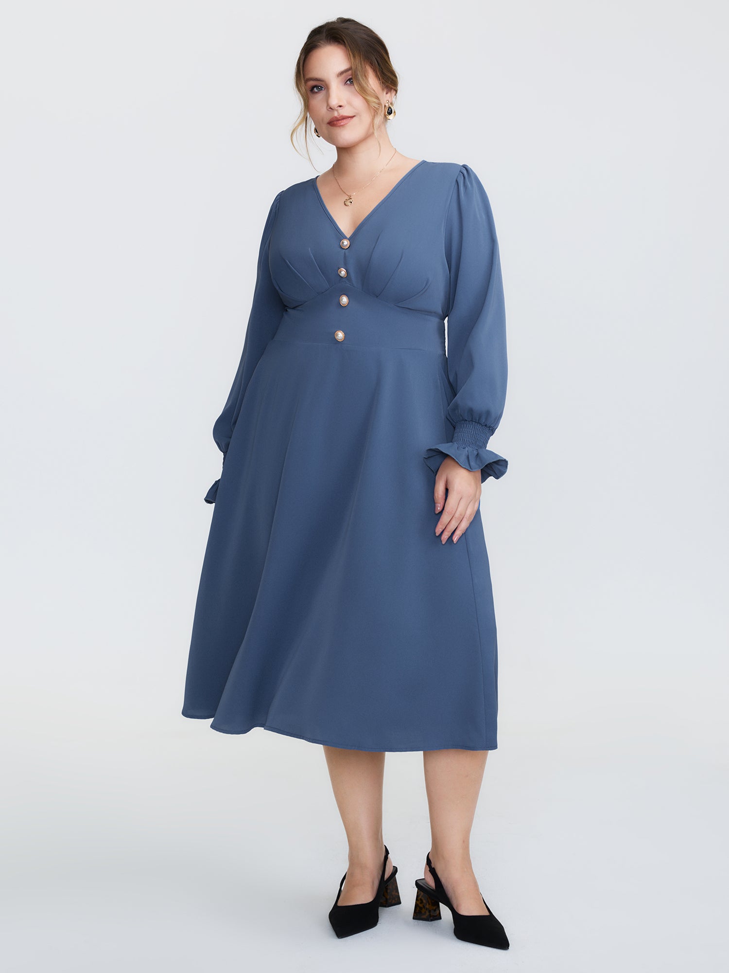Pearl Metal Trim Buttons Shirred Midi Dress