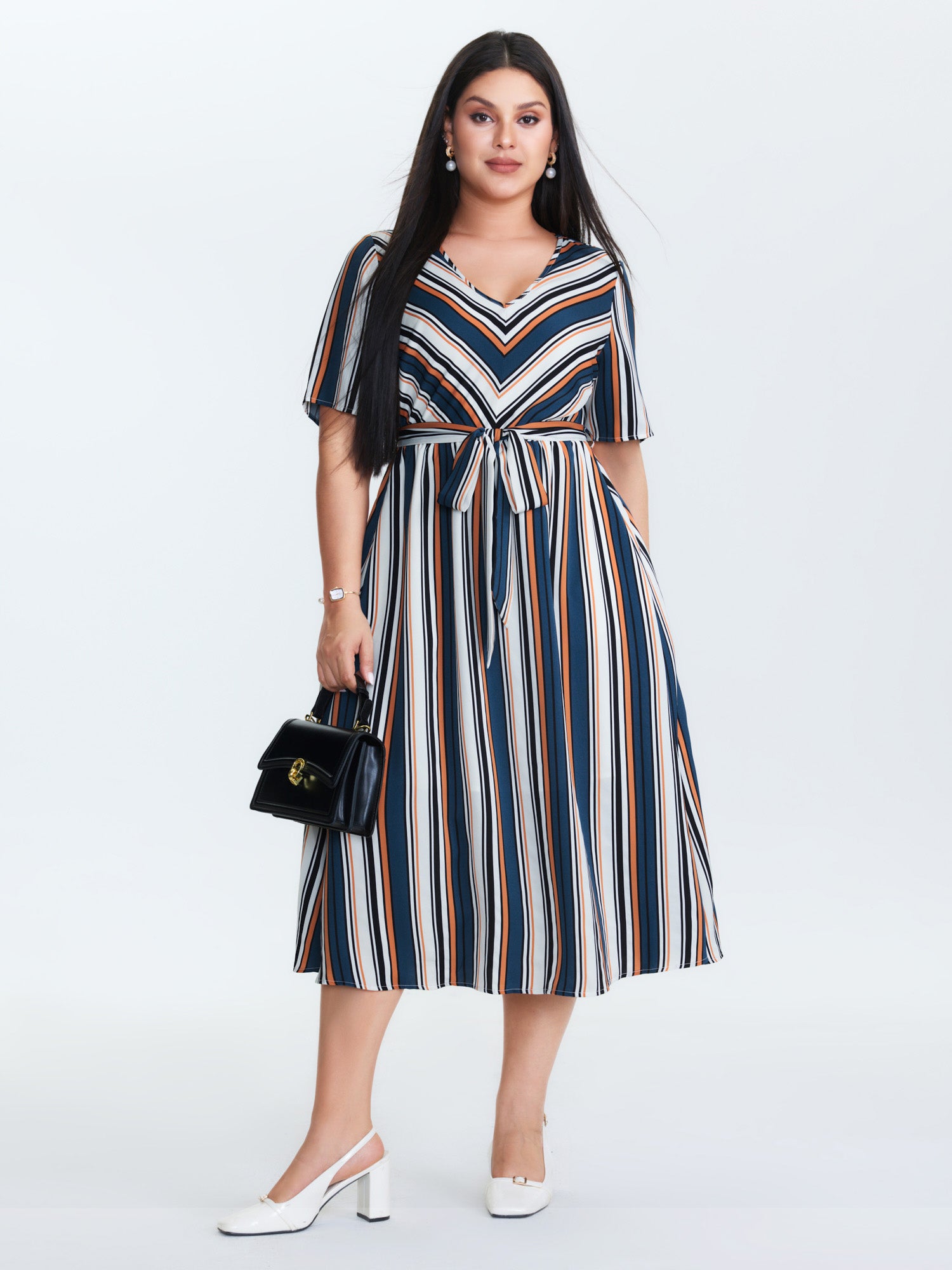 Striped Waist-Tie Pockets Midi Dress