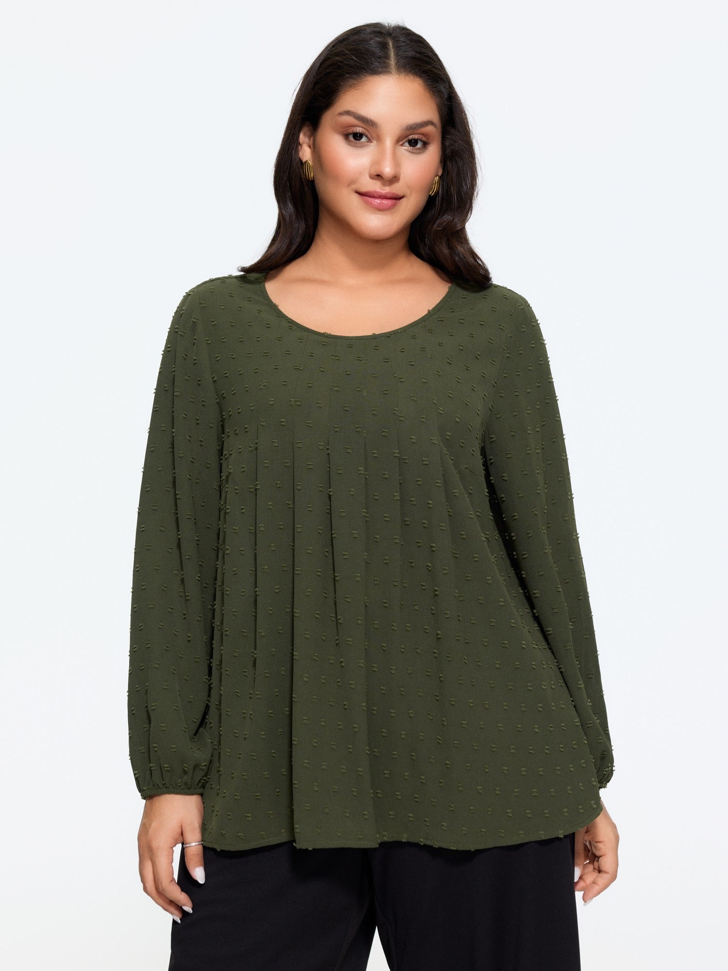 Textured Round Neck Pleated Front Blouse