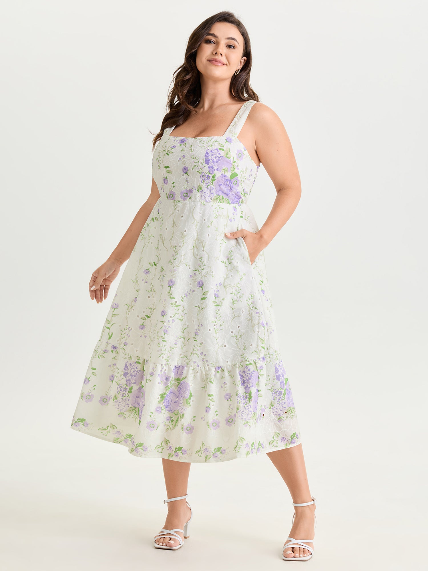 Floral Garden Print Wide Straps Midi Dress