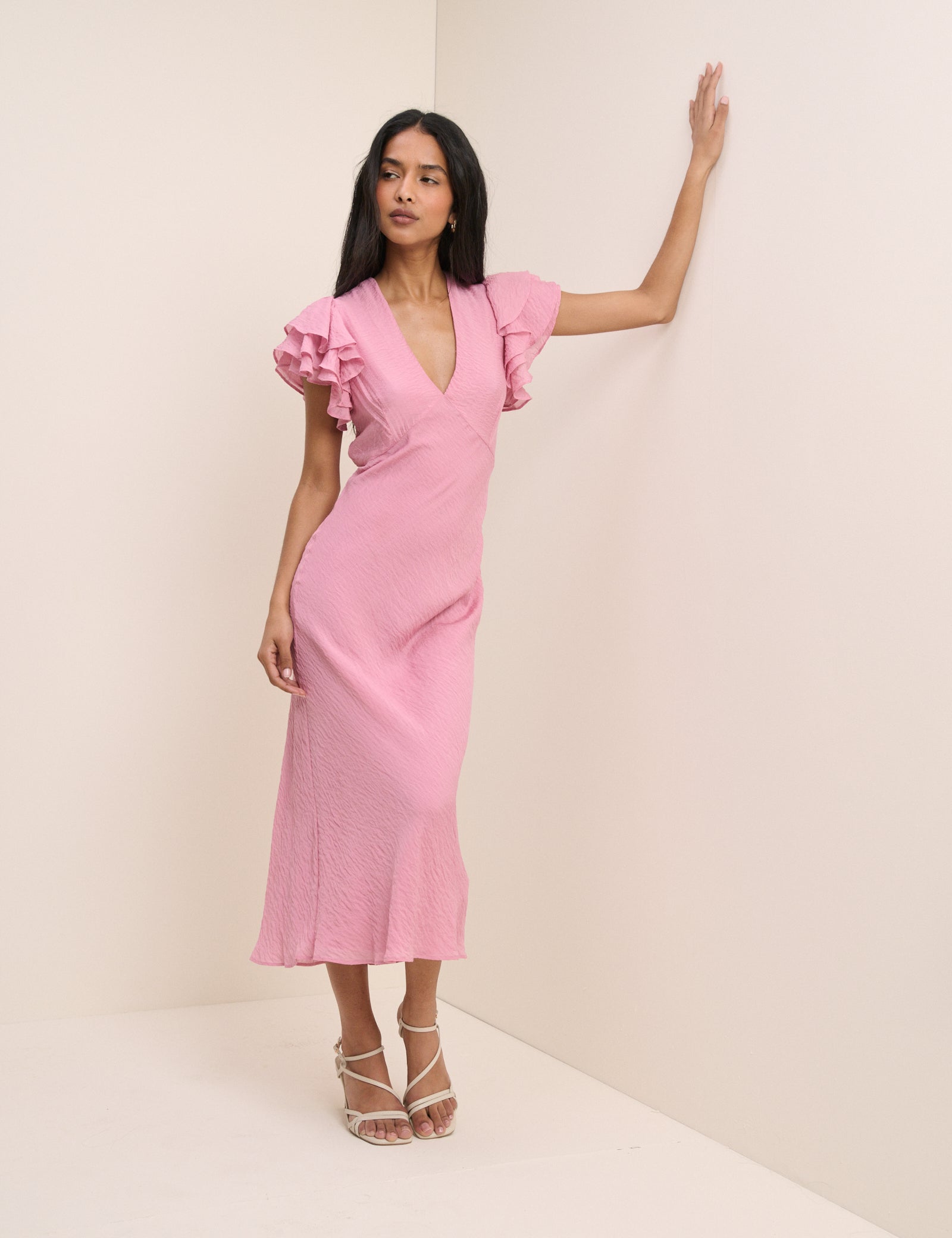 Pink Frill Sleeve Layla Midi Dress