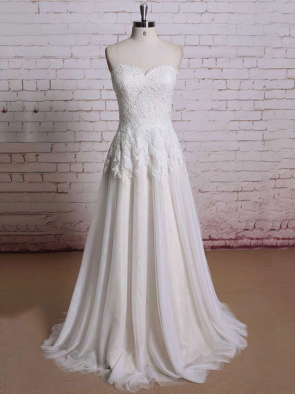 Beautiful A-Line Sweetheart Strapless Tulle Lace Sweep Train Wedding Dresses