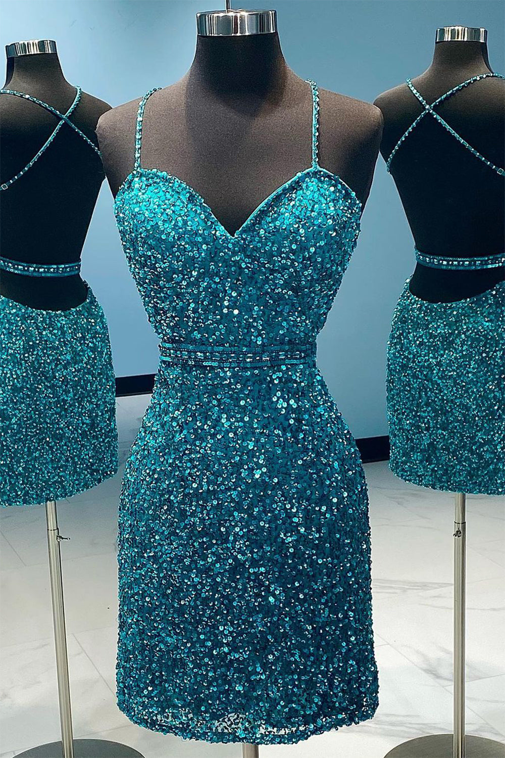 Turquoise Spaghetti Straps Sequins Homecoming Dress/Mini Dress