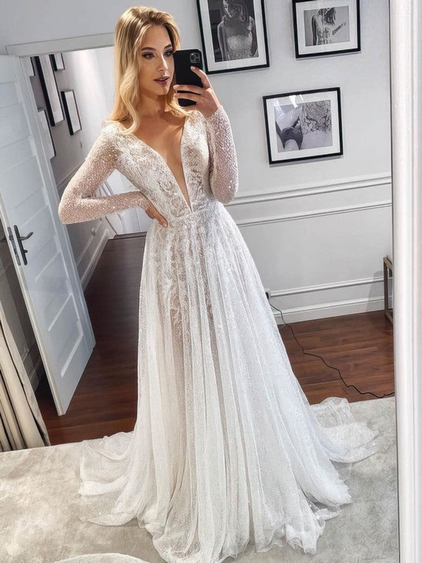 Exquisite A-Line Deep V-Neck Long Sleeves Sequined Tulle Wedding Dresses