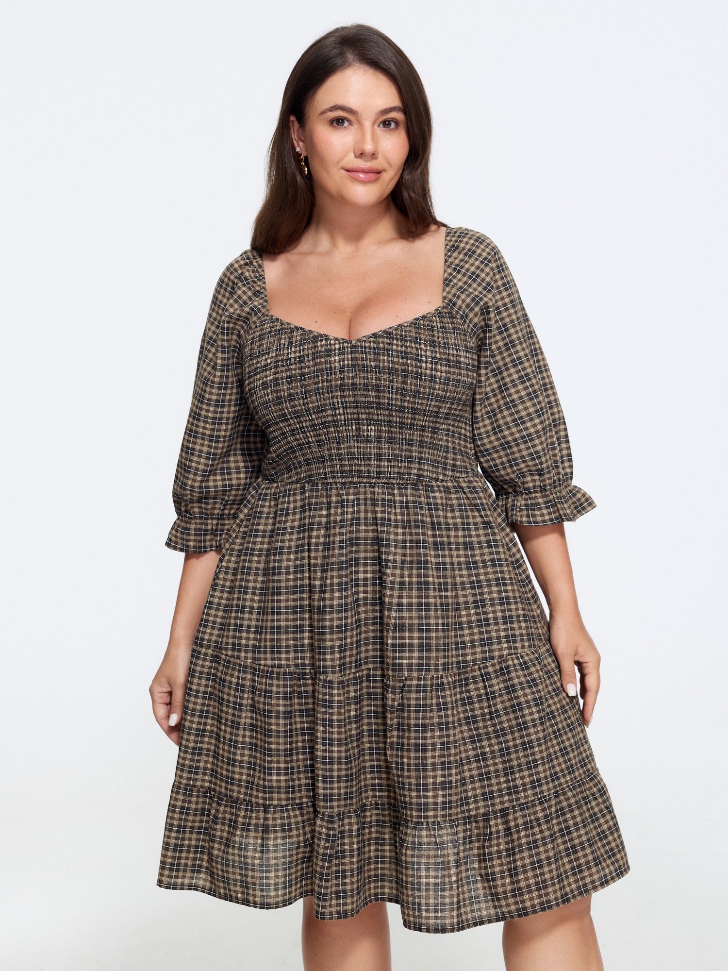 Plaid Square Neck Shirred Tiered Mini Dress