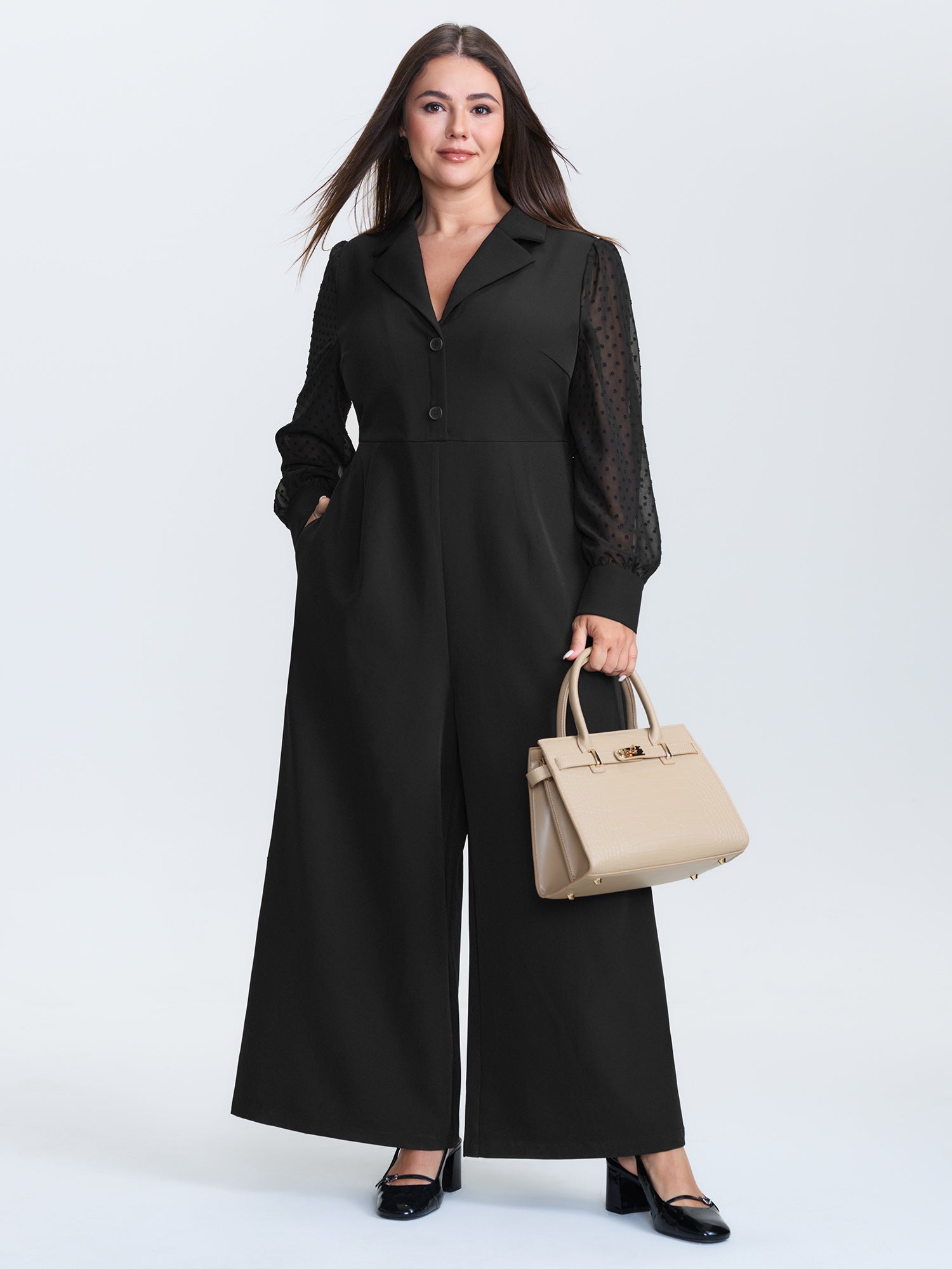 Sheer Sleeve Collared Wide-Leg Jumpsuit