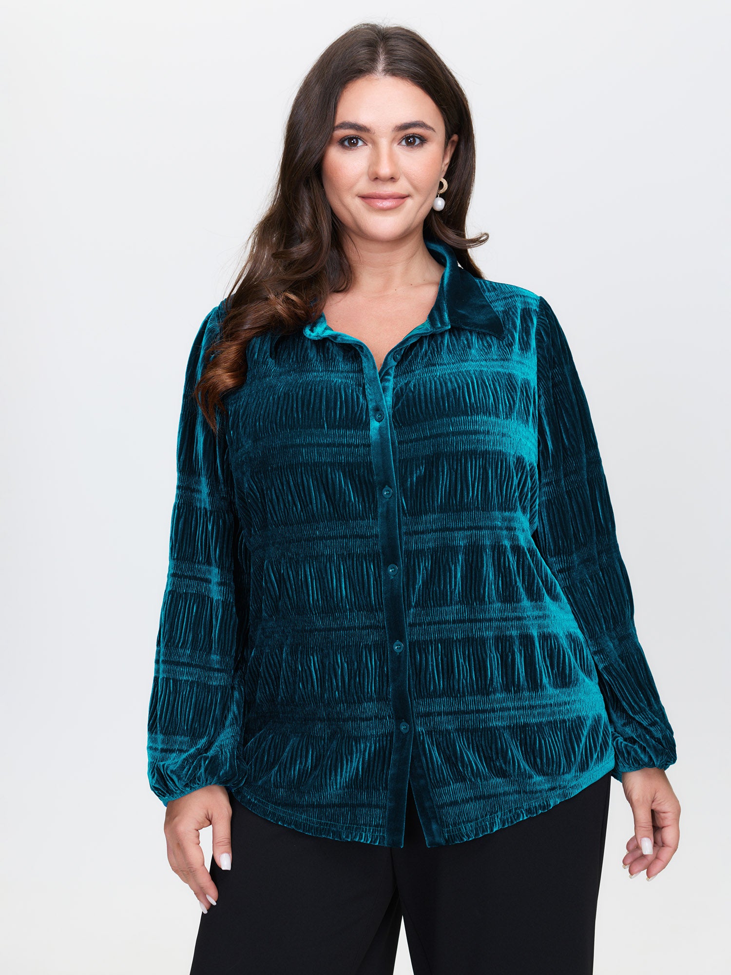Shirred Velvet Relaxed-Fit Button Down Shirt