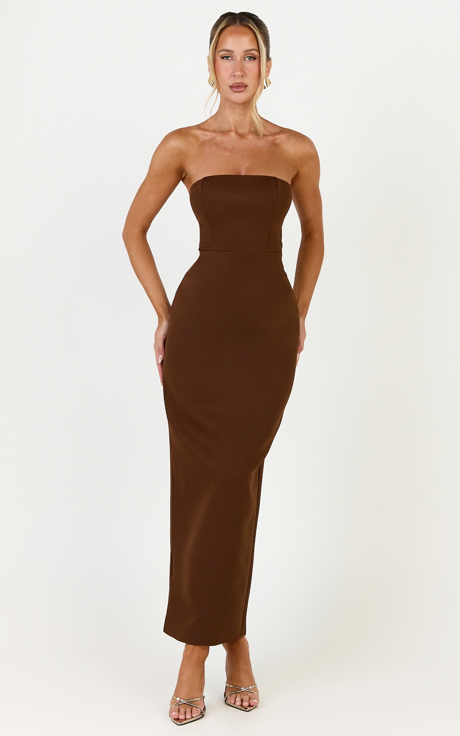 Dessa Midi Dress - Strapless Column Dress in Chocolate