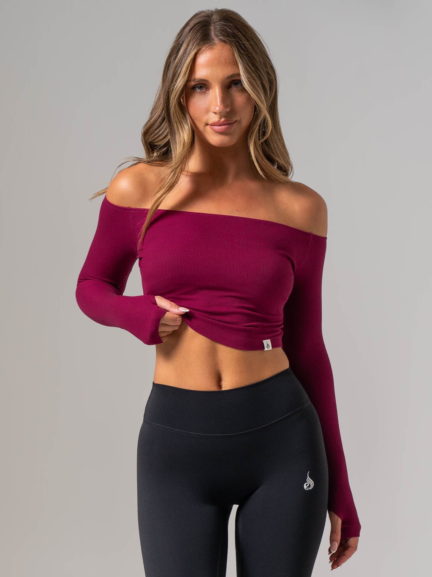 Ribbed Off Shoulder Long Sleeve Top - Wine