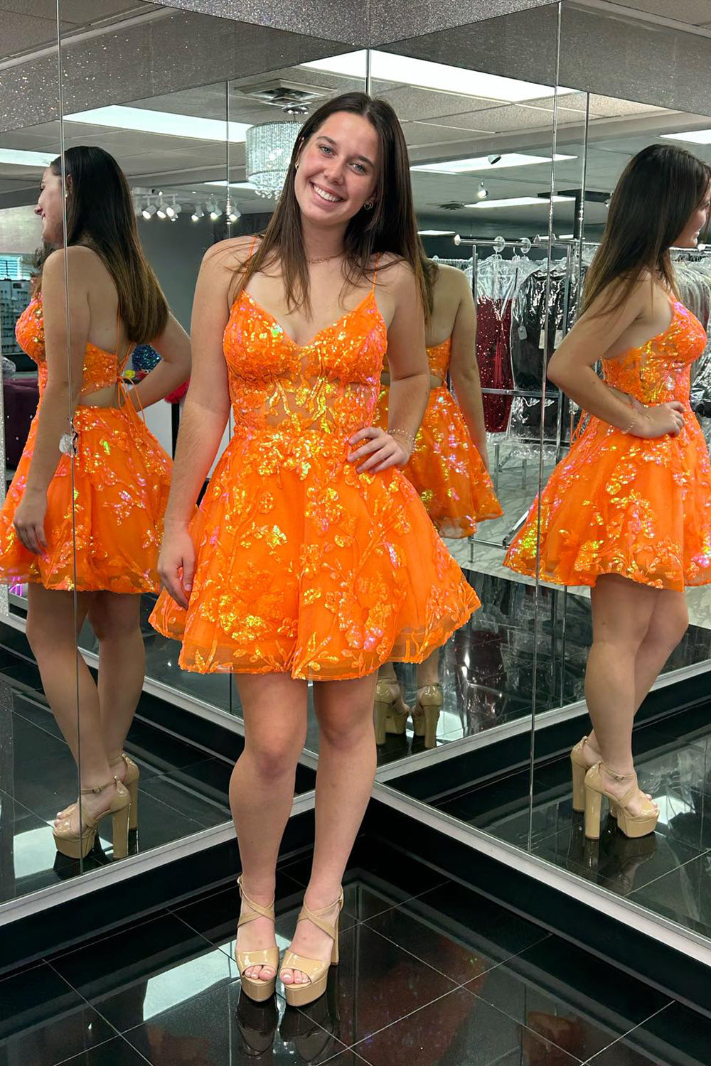 Sparkly Orange Spaghetti Straps A Line Short Homecoming Dress/Mini Dress With Sequins
