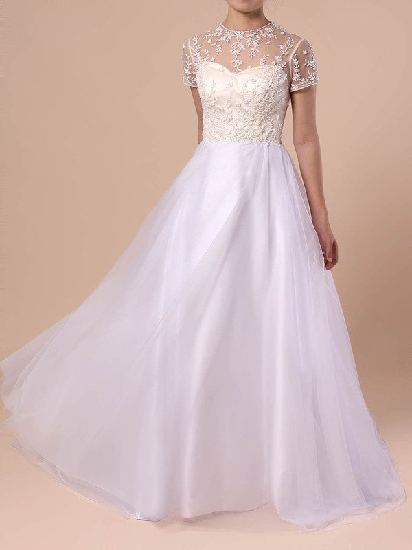 Beautiful Ball Gown Short Sleeves Lace Tulle Sweep Train Wedding Dresses
