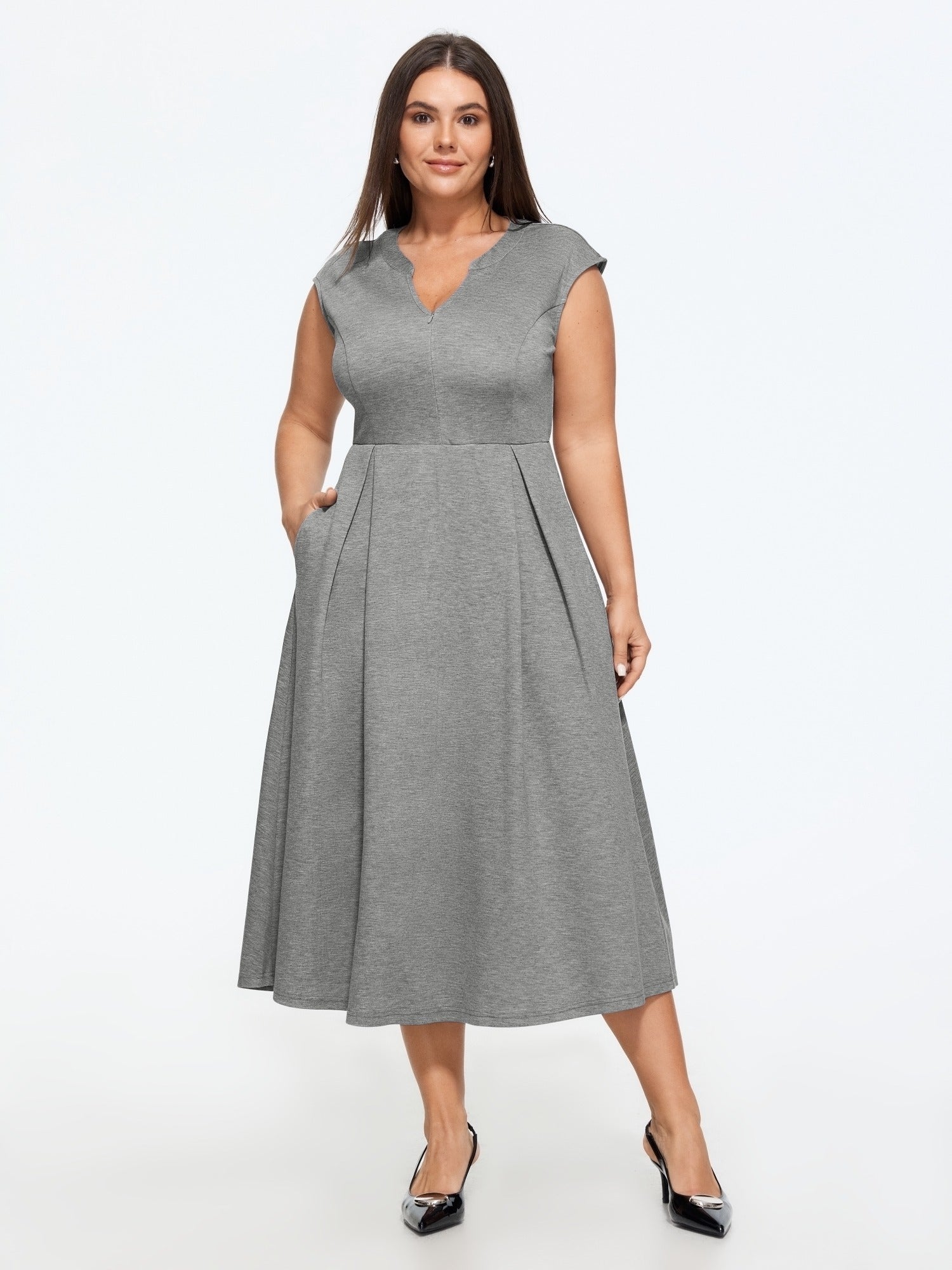 Supersoft Cap Sleeve Pleated Pocket Midi Dress