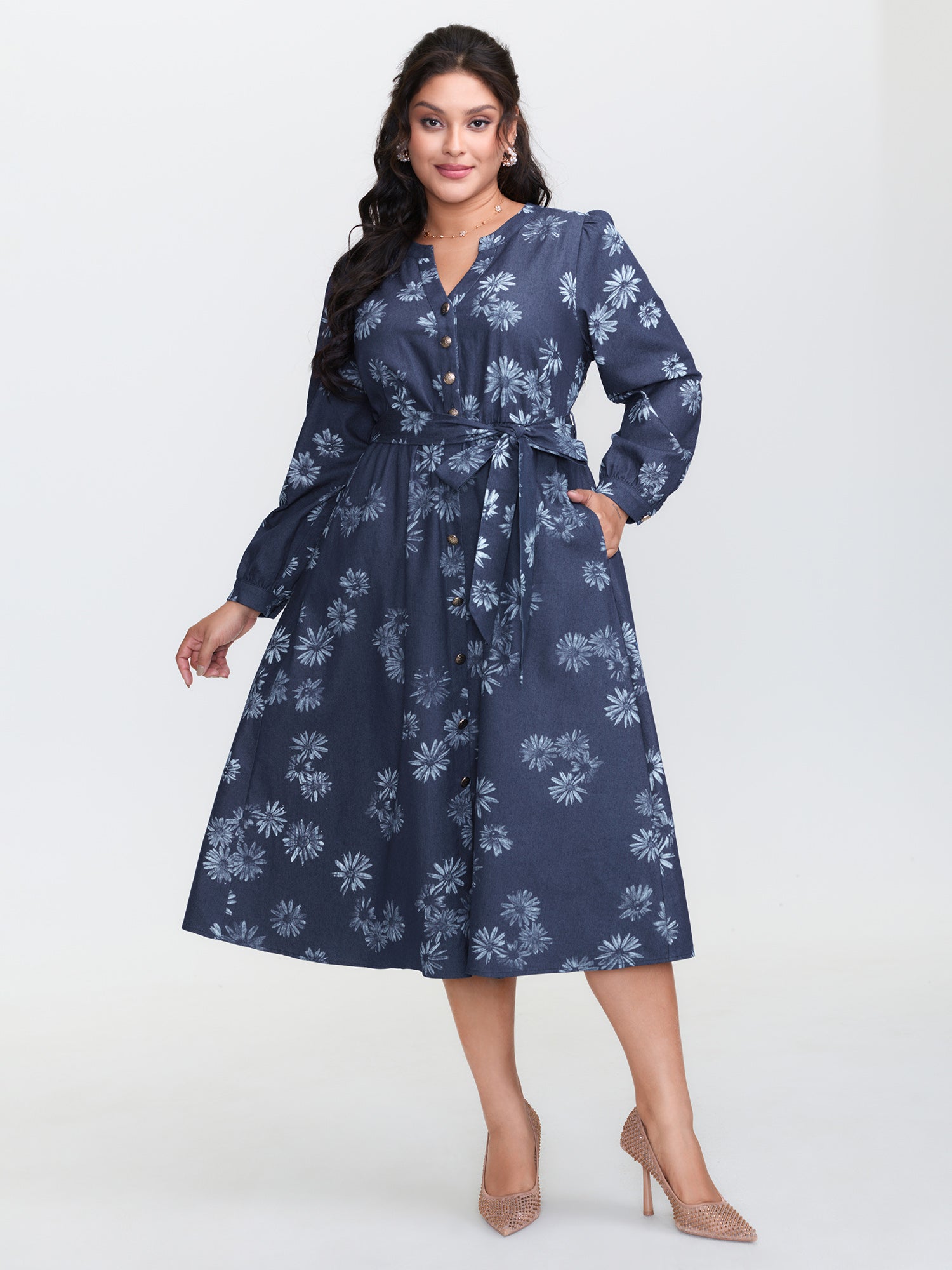 Floral Print Belted Waist Midi Denim Dress