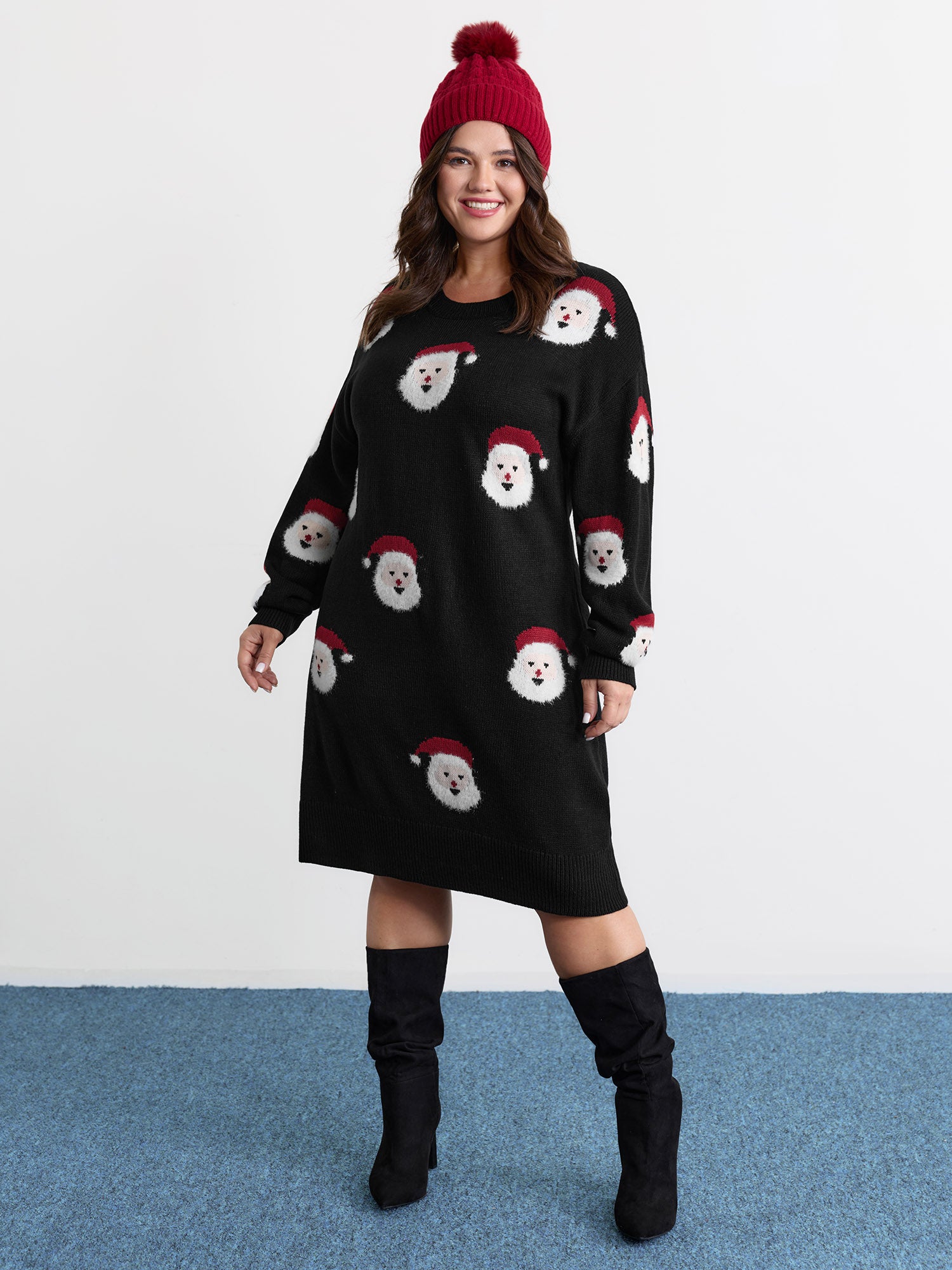 Santa Claus Print Embroidered Textured Sweater Dress