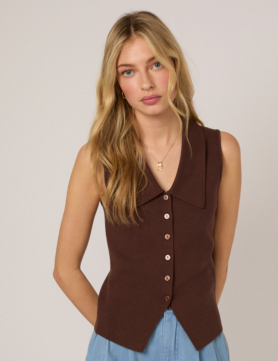 Brown Collar Detail Knitted Top