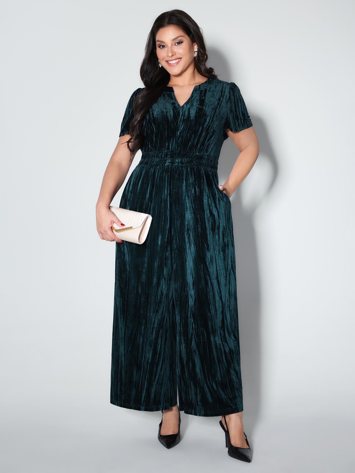 Velvet Pleated Waist Notched-Collar Jumpsuit