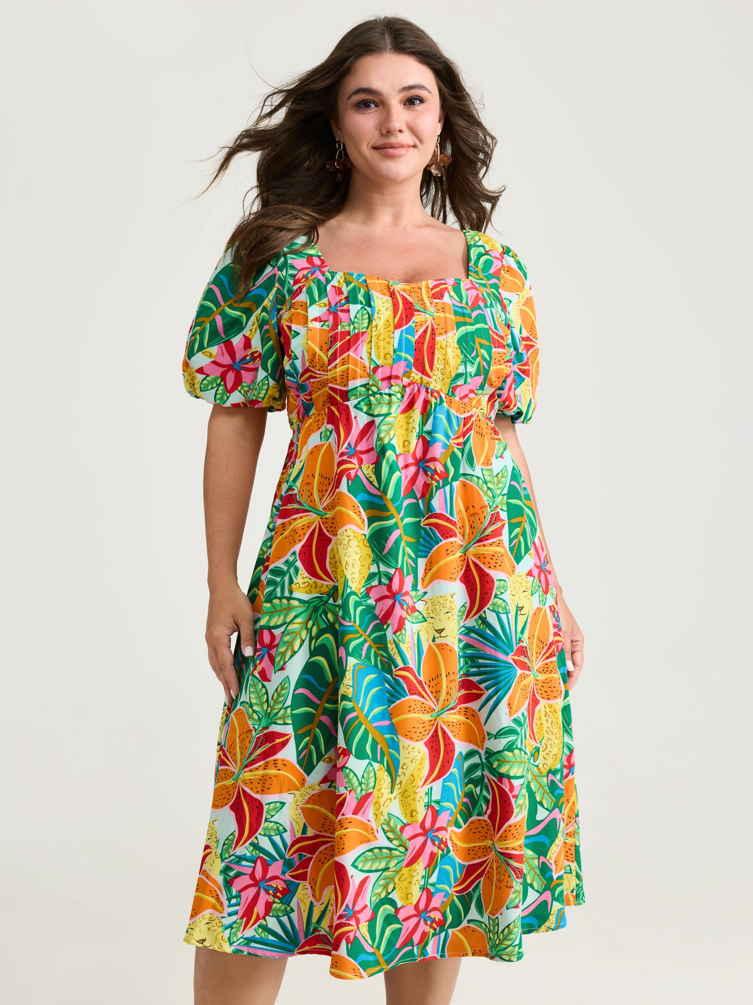 Bright Floral Print Pleated Bodice Midi Dress