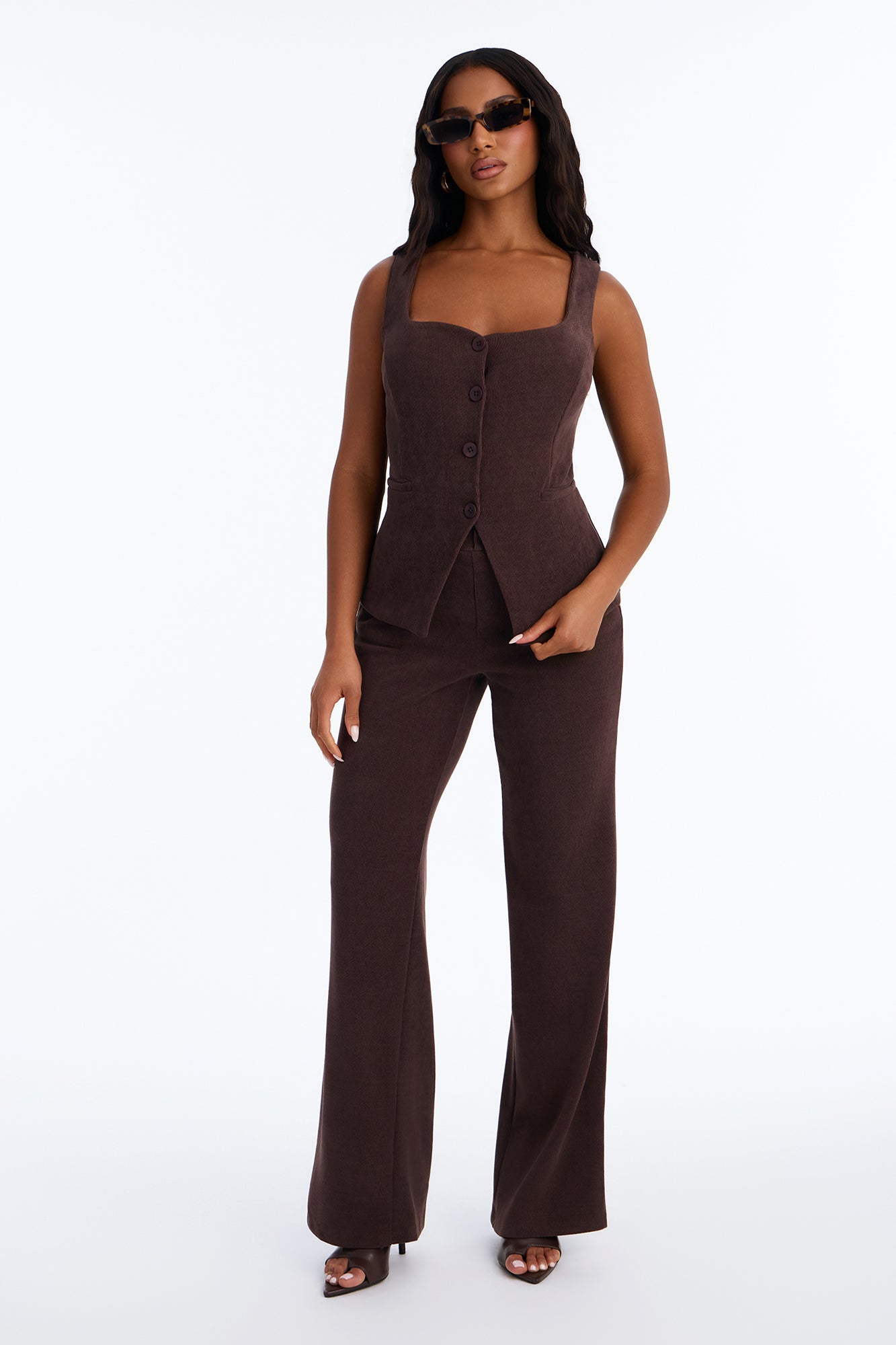Cyndi Velvet Sleeveless Pant Set - Brown