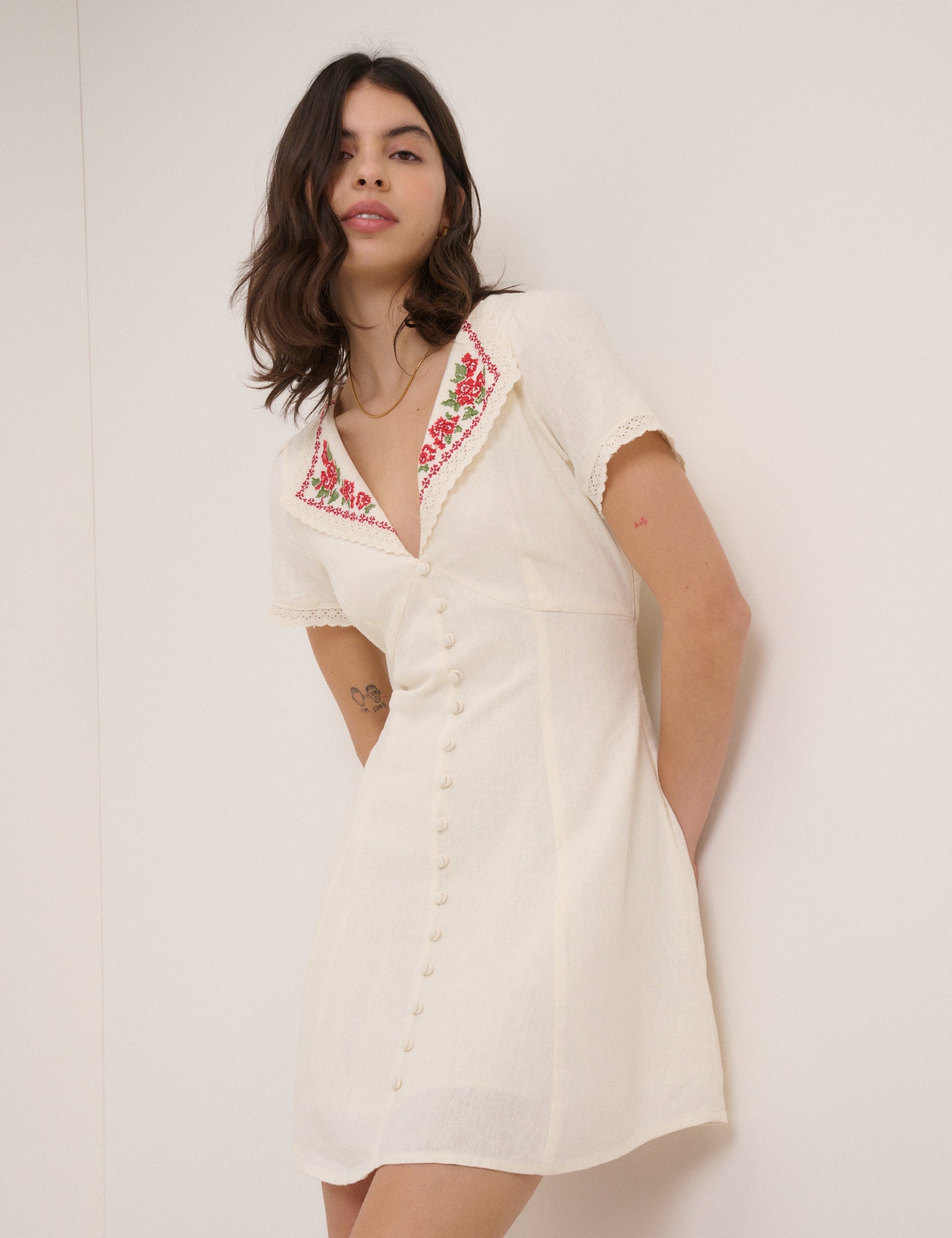 Cream Floral Collar Linen-Rich Lillian Mini Dress