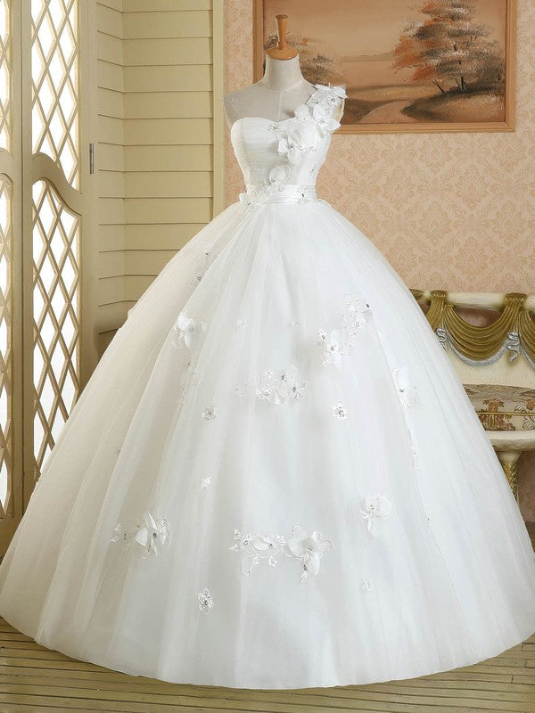 Beautiful One Shoulder Sleeveless Tulle Floor-Length Wedding Dresses with Appliques