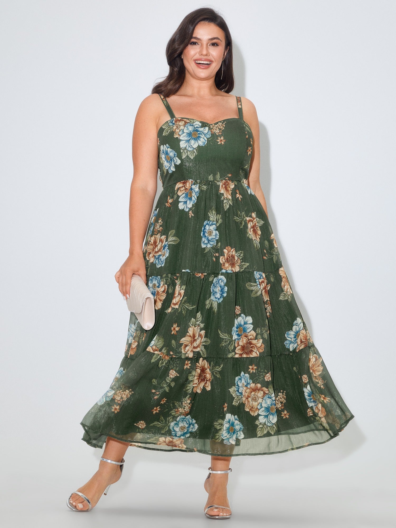 Floral Print Sweetheart Neck Tiered Maxi Dress