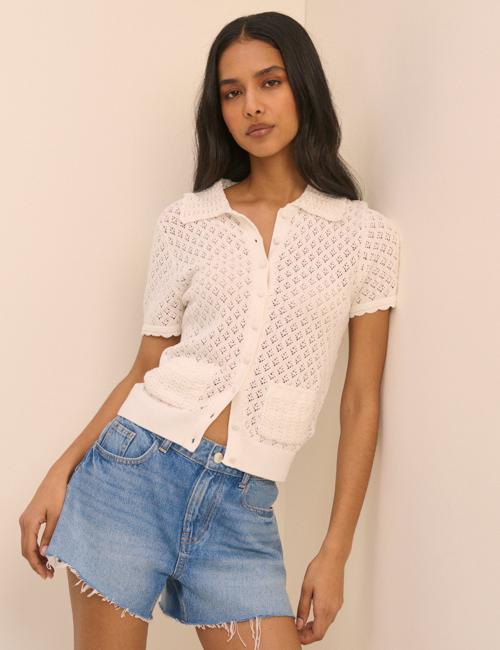 White Short Sleeve Crochet Collar Cardigan