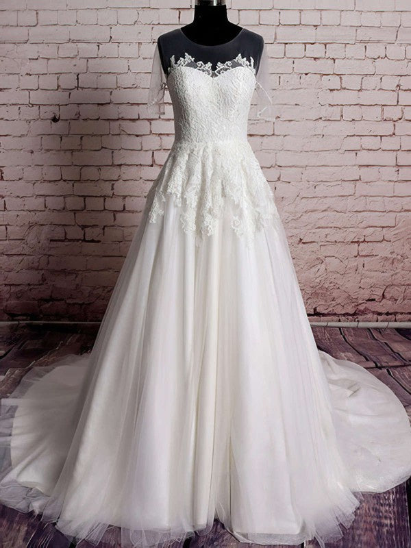 Elegant Crew Neck A-Line Tulle Sweep Train Wedding Dresses with Appliques