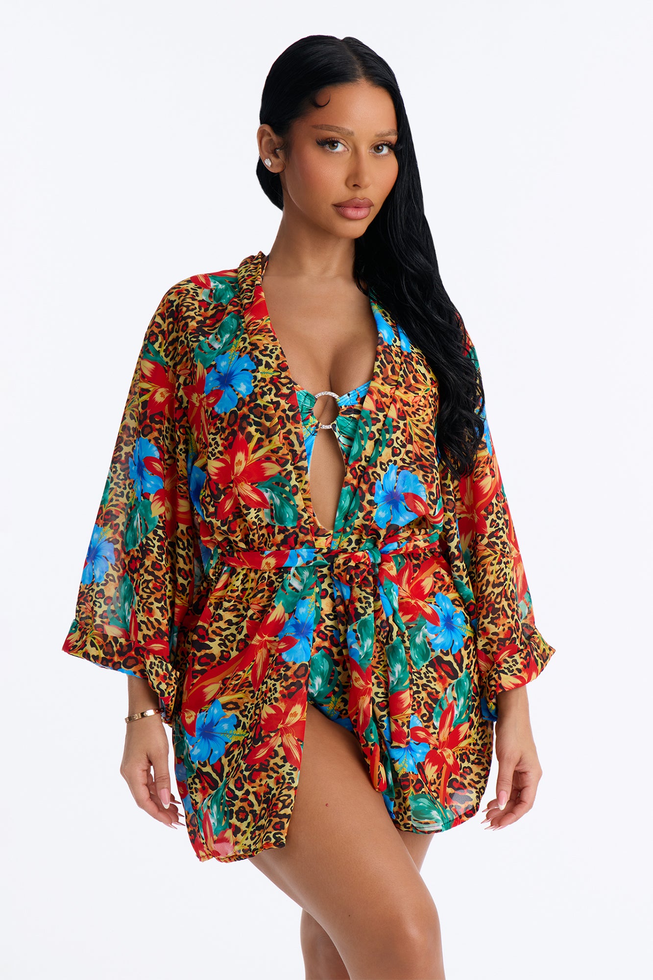 Wild Feeling 1 Piece Halter Swimsuit & Cover Up Kimono Sunsuit - Multi Color
