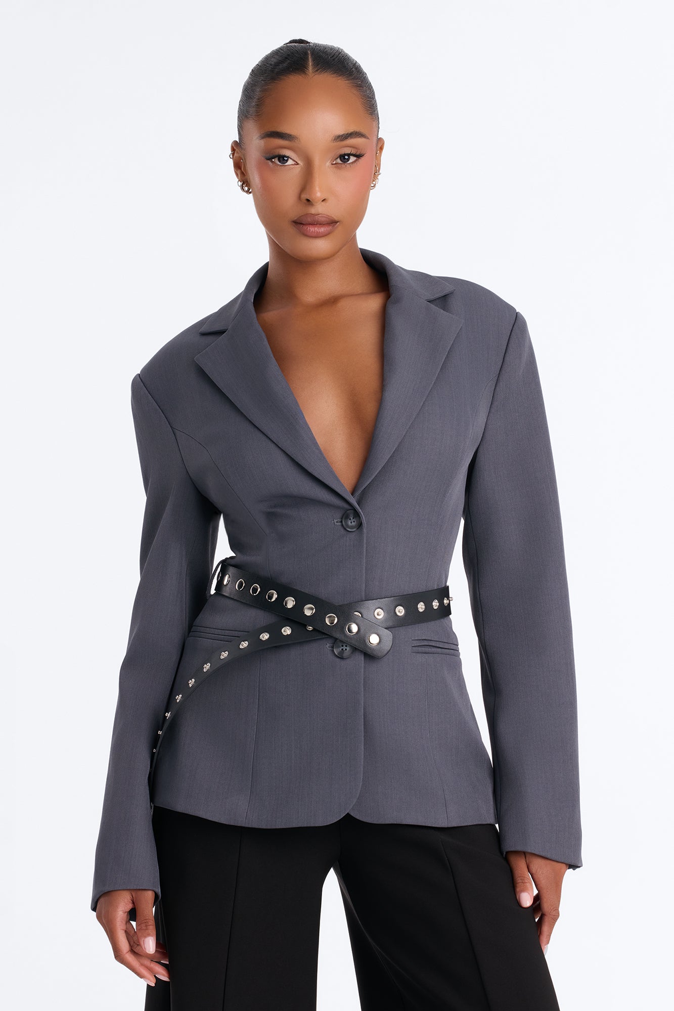 Downtown Structured Belted Blazer - Charcoal