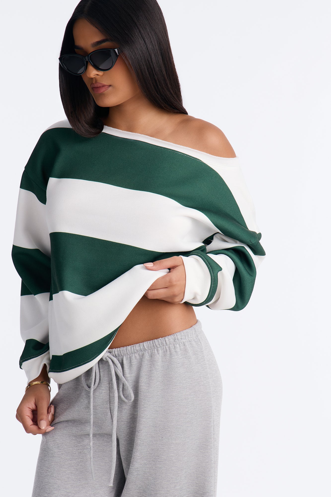 Eden Off Shoulder Stripe Fleece Lounge Top - Hunter