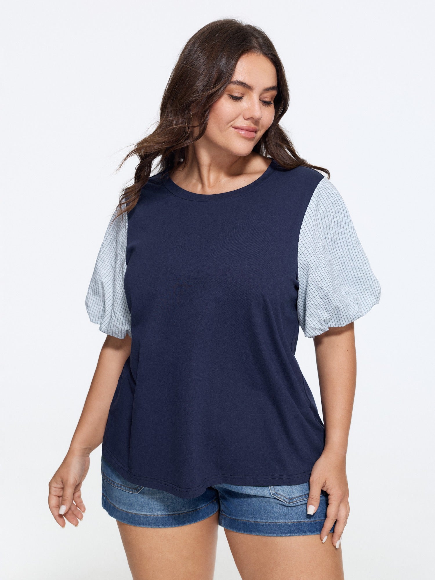 Cotton Gingham Puff Sleeve Round Neck T-Shirt