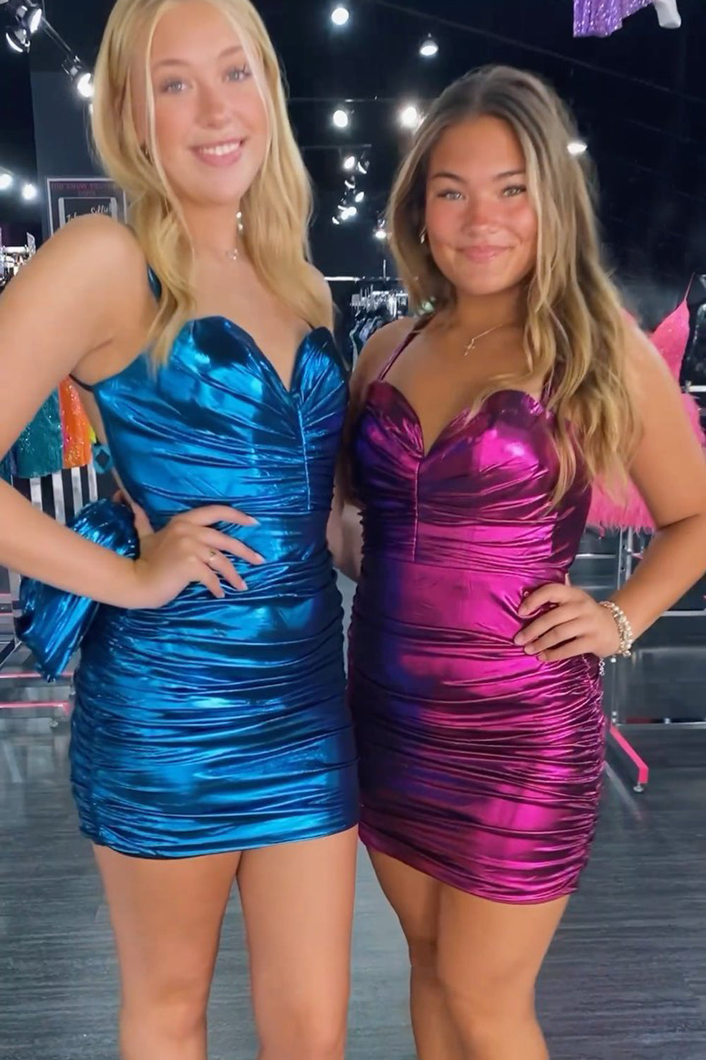 Metallic Blue Spaghetti Straps Backless Tight Short Homecoming Dress/Mini Dress