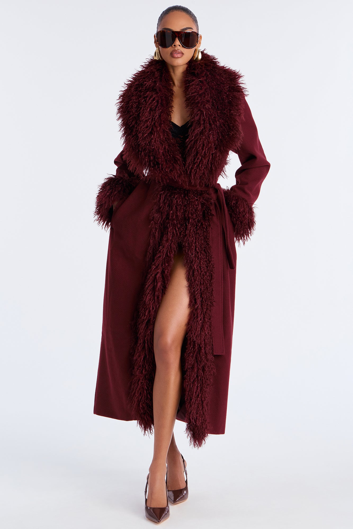 Downtown Manhattan Fur Trim Coat - Burgundy