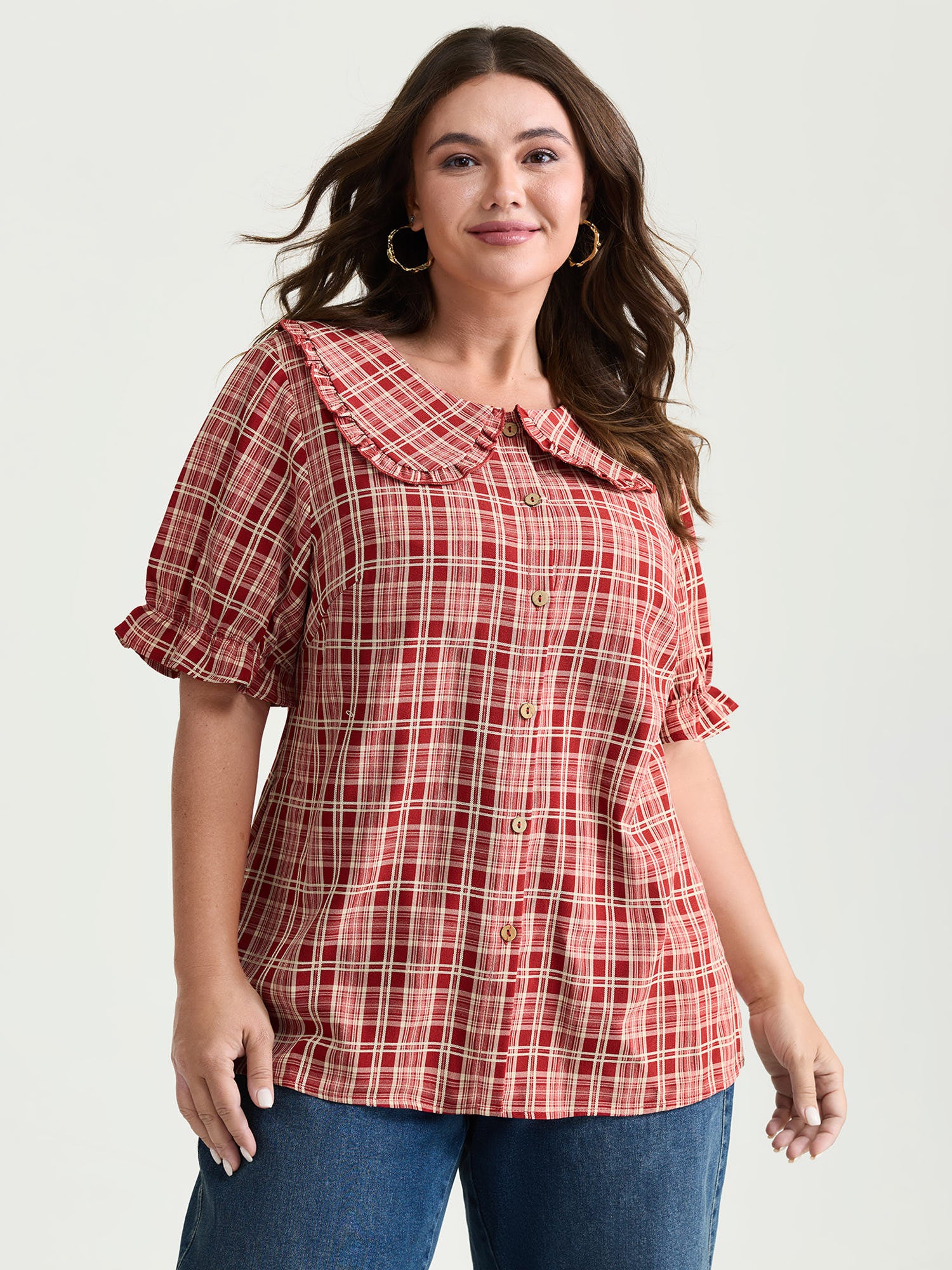 Gingham Print Babydoll Collar Button-Front Shirt