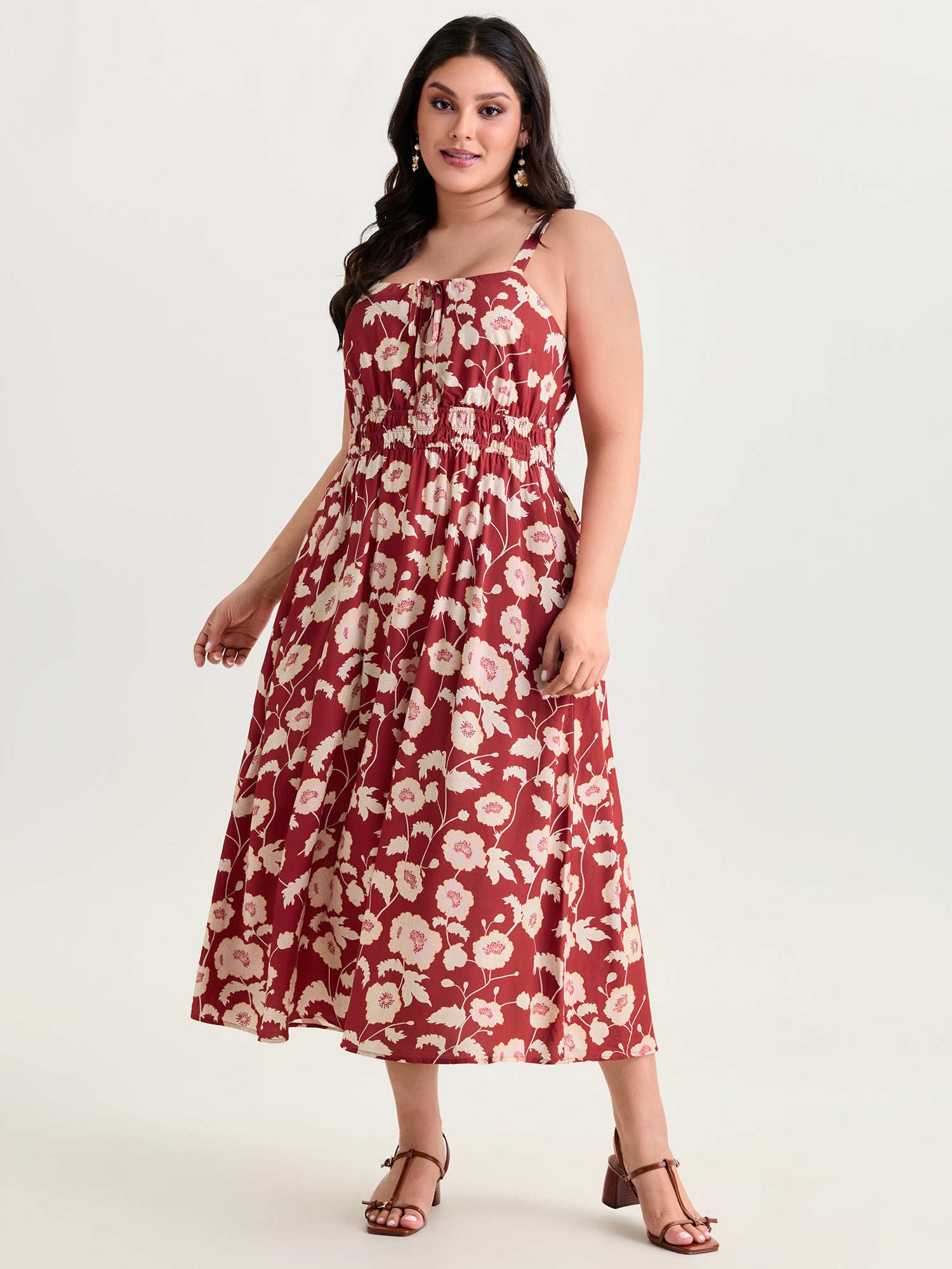 Floral Print Shirred Waist Drawstring Midi Dress