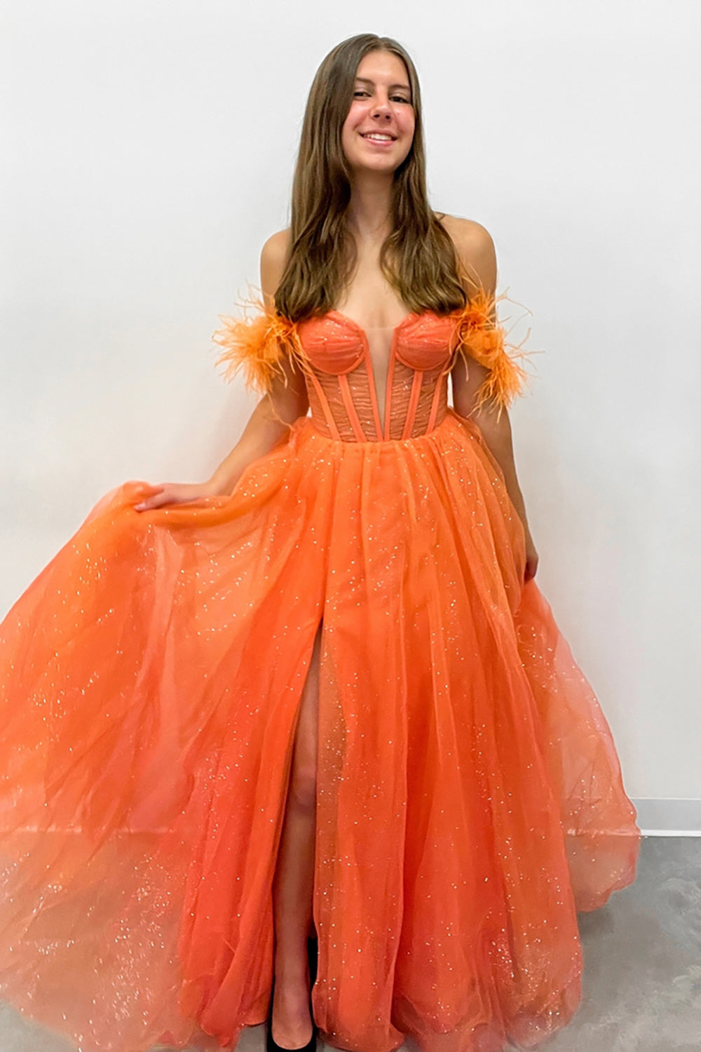 Long Orange Sparkly Off-the-Shoulder Prom Dress in A-Line Tulle with Slit