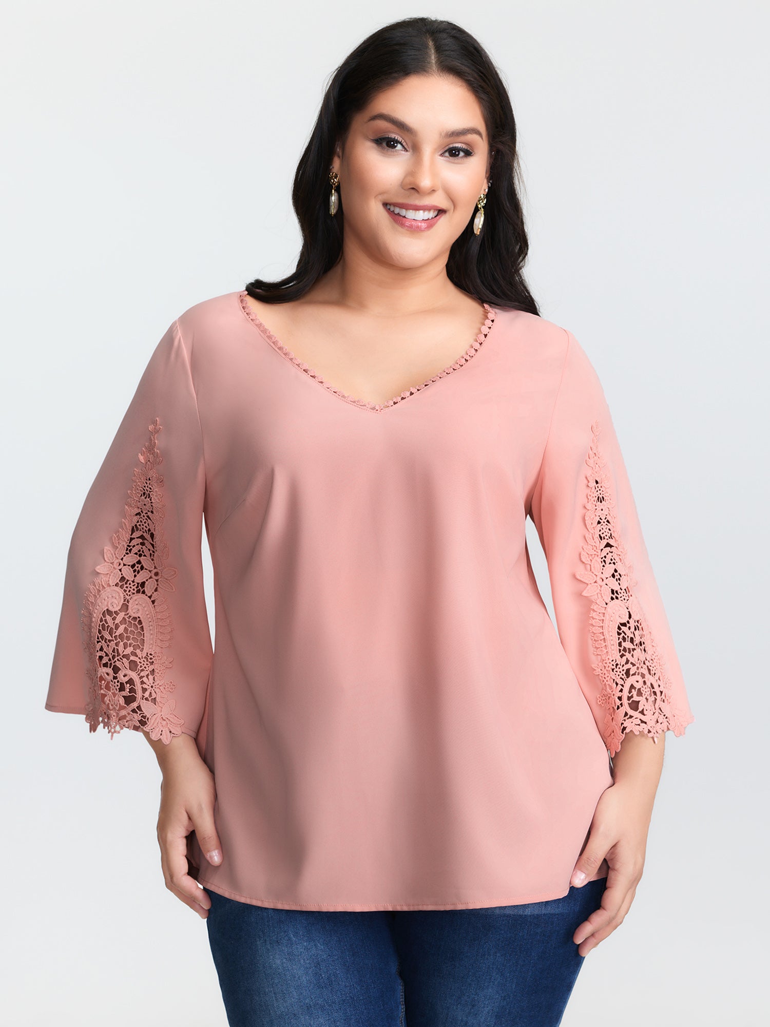 Lace V-Neckline Cut-Out Sleeve Blouse