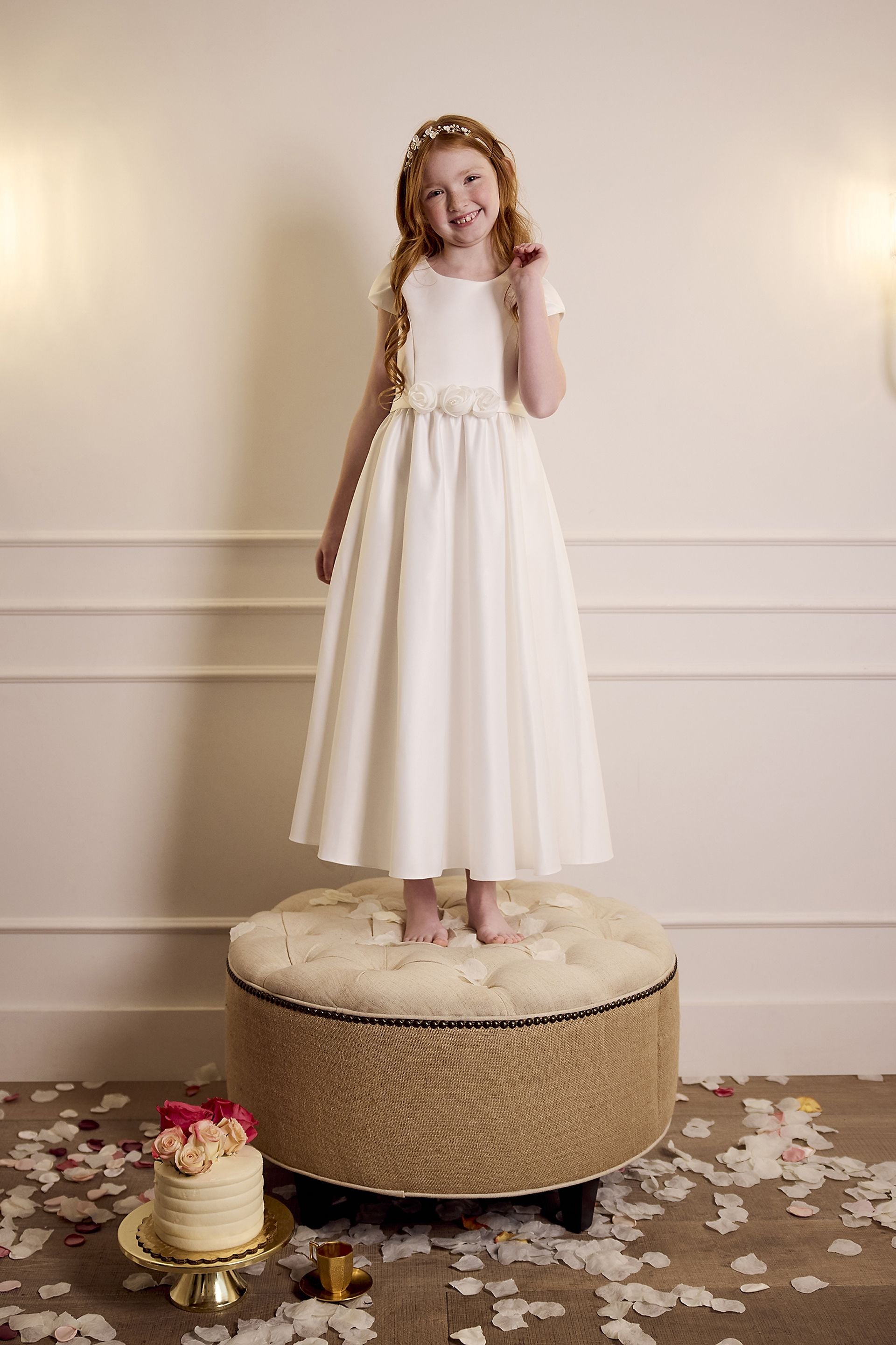 Short Sleeve Satin Rosette Flower Girl Dress