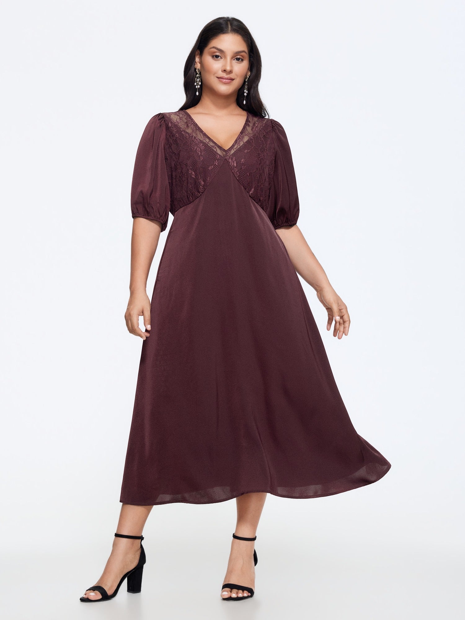 Satin Lace Trim V-Neck Flowy Midi Dress