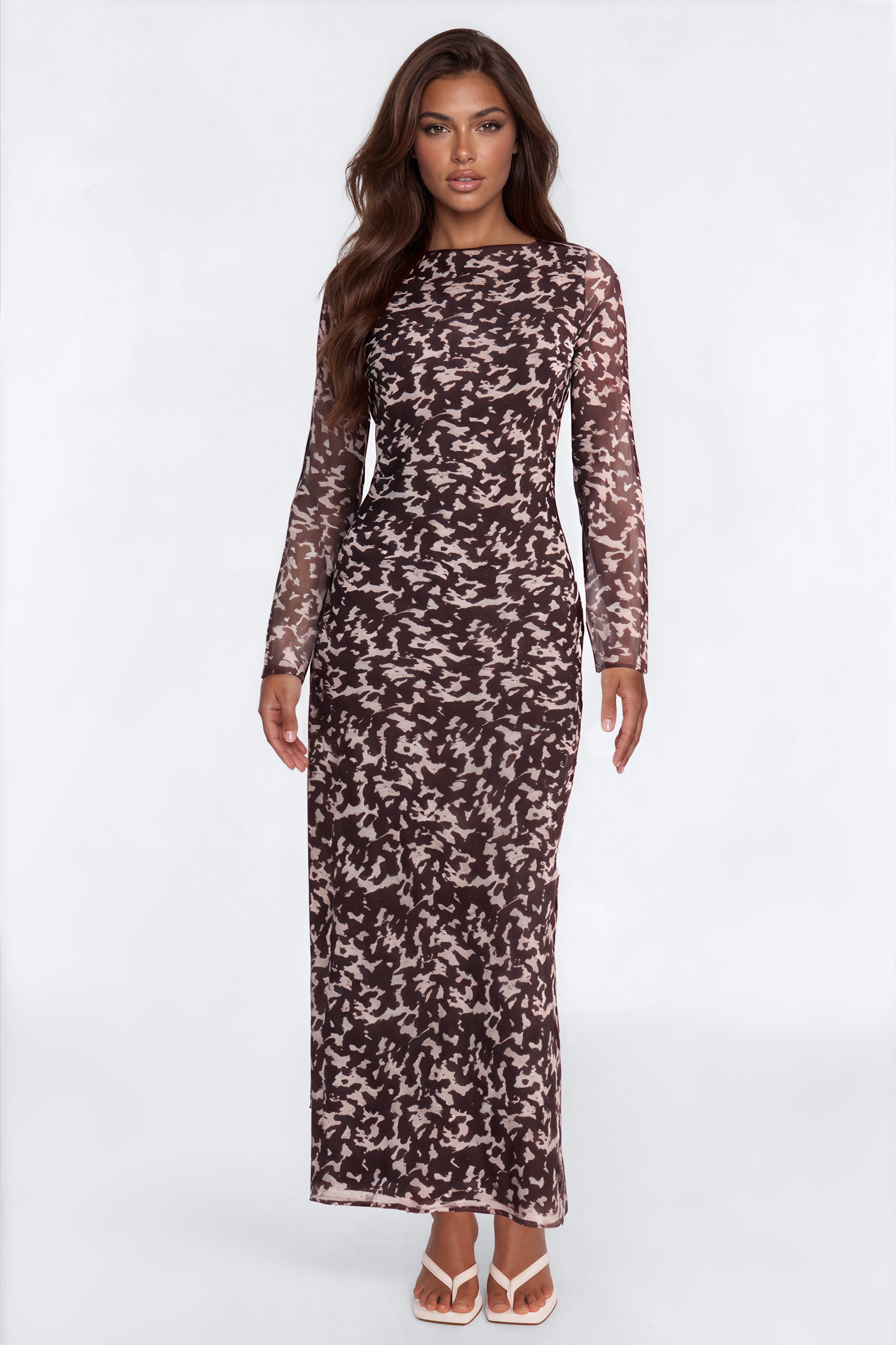 Suri Chiffon Long Sleeve Maxi Dress - Brown/combo