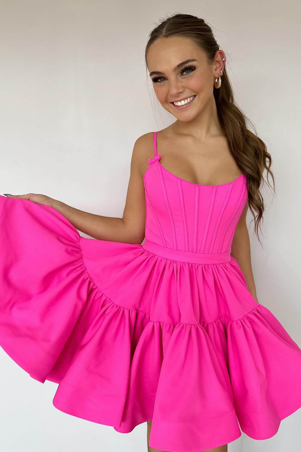 Fuchsia Spaghetti Straps Lace-Up Back A-Line Short Satin Homecoming Dress/Mini Dress